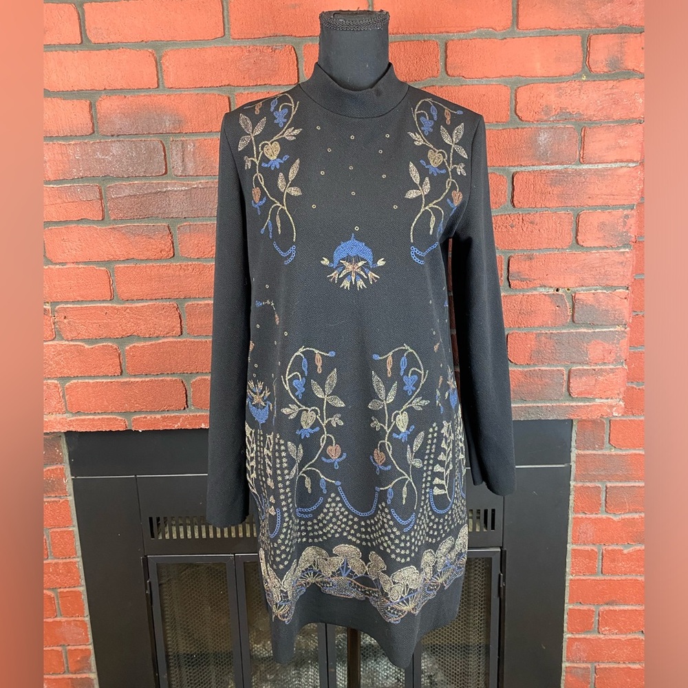 Zara Dress Womens Small Black Long Sleeve Floral‎ Shift Stretch Cocktail